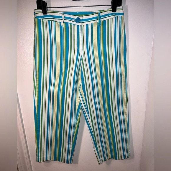 George Stretch,6 turquoise/green striped capri, oversize button zip closure - Picture 1 of 8